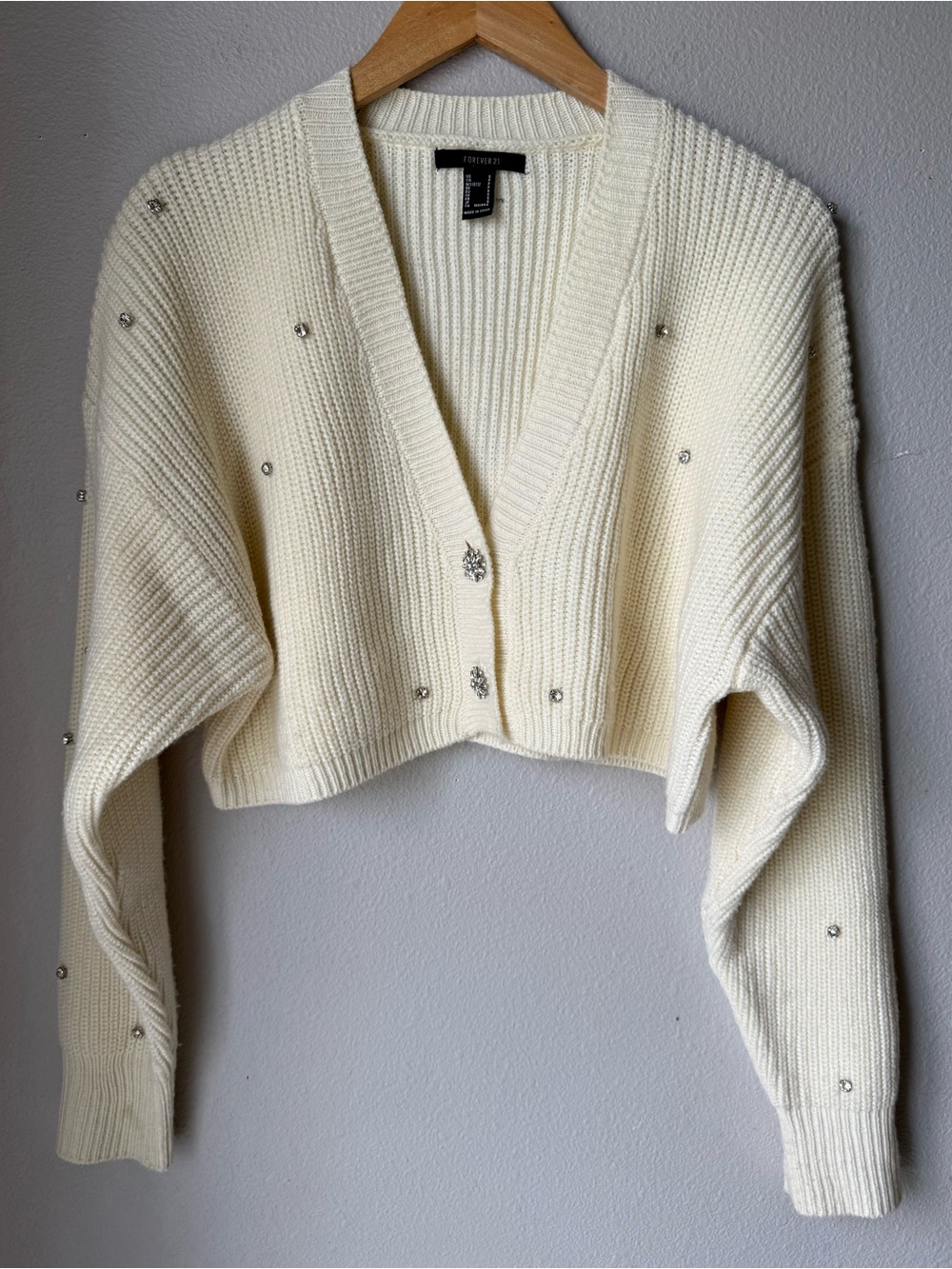 Forever 21 Cropped Diamond-Embellished Ivory V-Neck Cardigan Womenβs Size Small